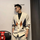 Wiaofellas  -  Large Men's Diamond Patterned Collarless Sweater Jacket Men's Spring and Autumn Retro Lazy High-end Knitted Cardigan