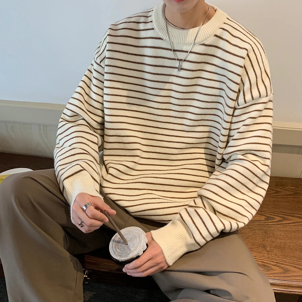 Wiaofellas  -  Men Striped Sweaters Men Autumn Oversized Fashion O-Neck Knitted Spliced Sweater  Male Casual Korean Pullovers M-5XL