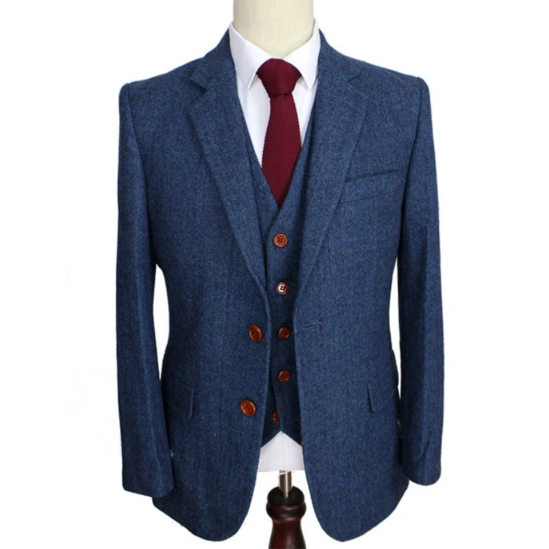 Wiaofellas  -  Men Suit Blue 3 Piece Retro Gentleman Classic Style Custom Made Tailor Suit Blazer Business Wedding Suits Jacket Pants Vest