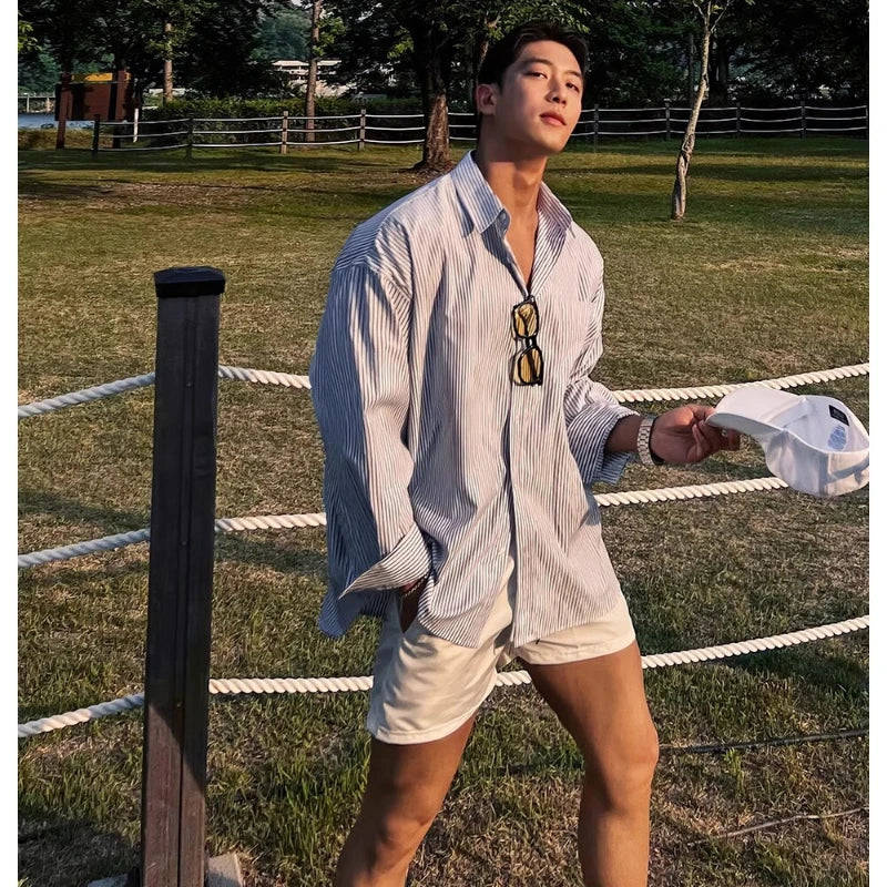 Wiaofellas  -  Men's Blue Vertical Striped Long-Sleeved Shirt, Korean Style High Quality Casual  Shirt Coat， Travel ，Hiking  Shirt Coat