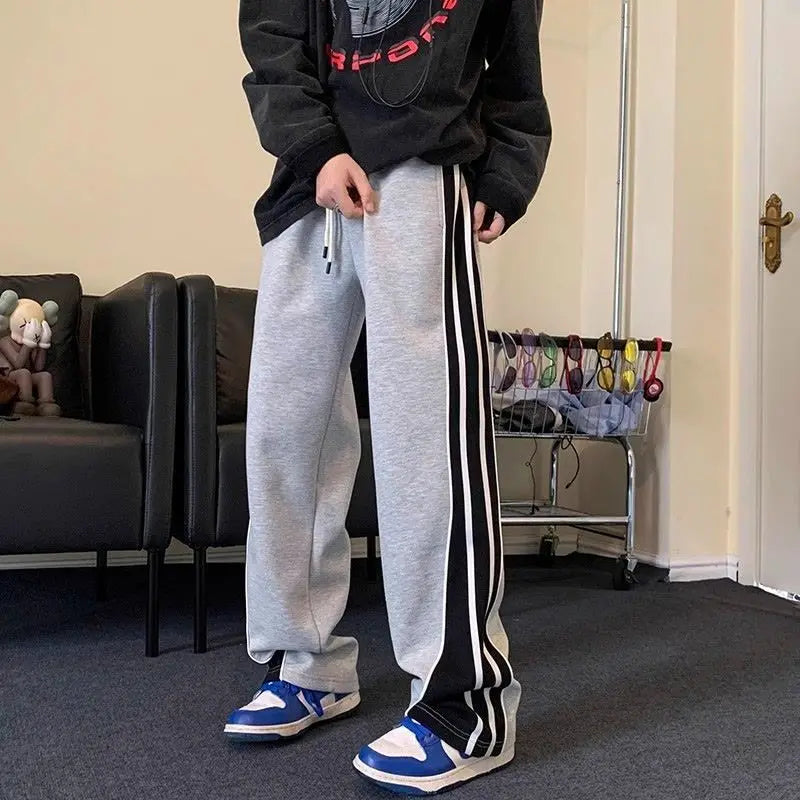 Wiaofellas  -  Men's Casual Wide Autumn Winter Straight Pants Male Trousers Striped Cotton Sale Slacks Baggy Streetwear New In Aesthetic Hot