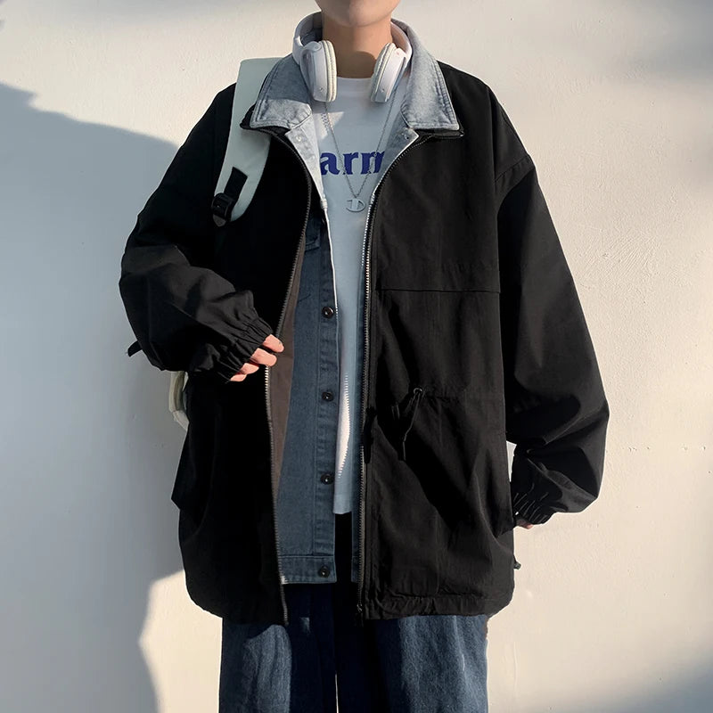 Wiaofellas   -  Men's Clothing Harajuku Men's Coats Models Outerwear Fake Two Pieces Loose Fitting Korean Popular Clothes Spring Jackets
