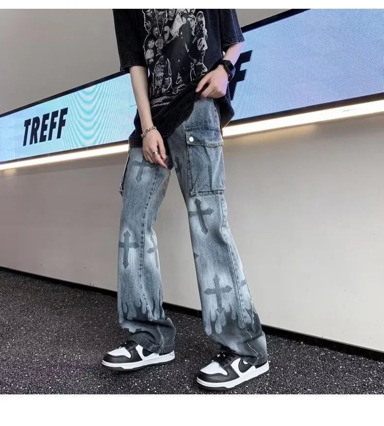 Wiaofellas  -  Men's Denim Flame Cross Jeans Loose Straight Leg Jeans