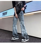 Wiaofellas  -  Men's Denim Flame Cross Jeans Loose Straight Leg Jeans