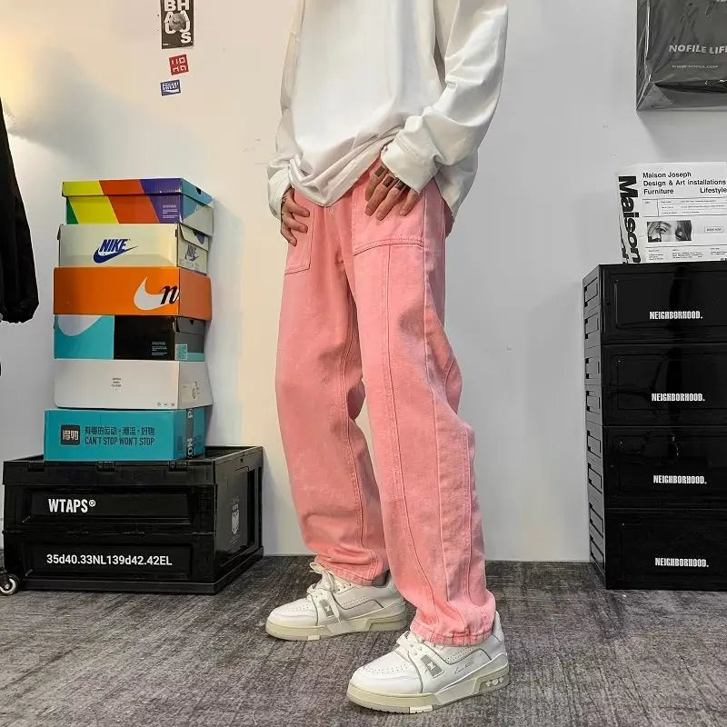 Wiaofellas  - Men's Jeans Pants Classic Style Pink Straight Denim Trousers S-3XL