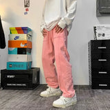 Wiaofellas  - Men's Jeans Pants Classic Style Pink Straight Denim Trousers S-3XL