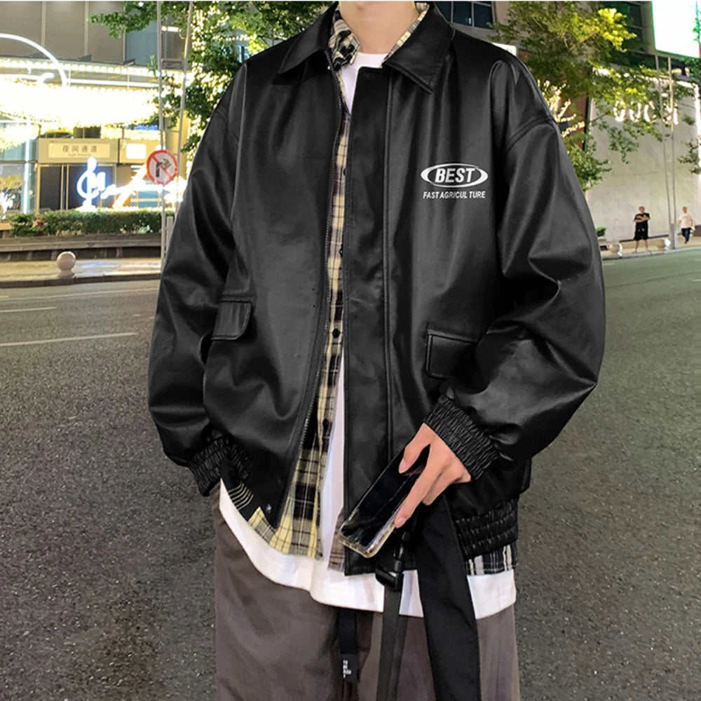 Wiaofellas  -  Men's New Winter Leather Jacket South Korea Trendy Loose PU Coat Letter Printed Thickening Coat Korean Reviews Many Clothes