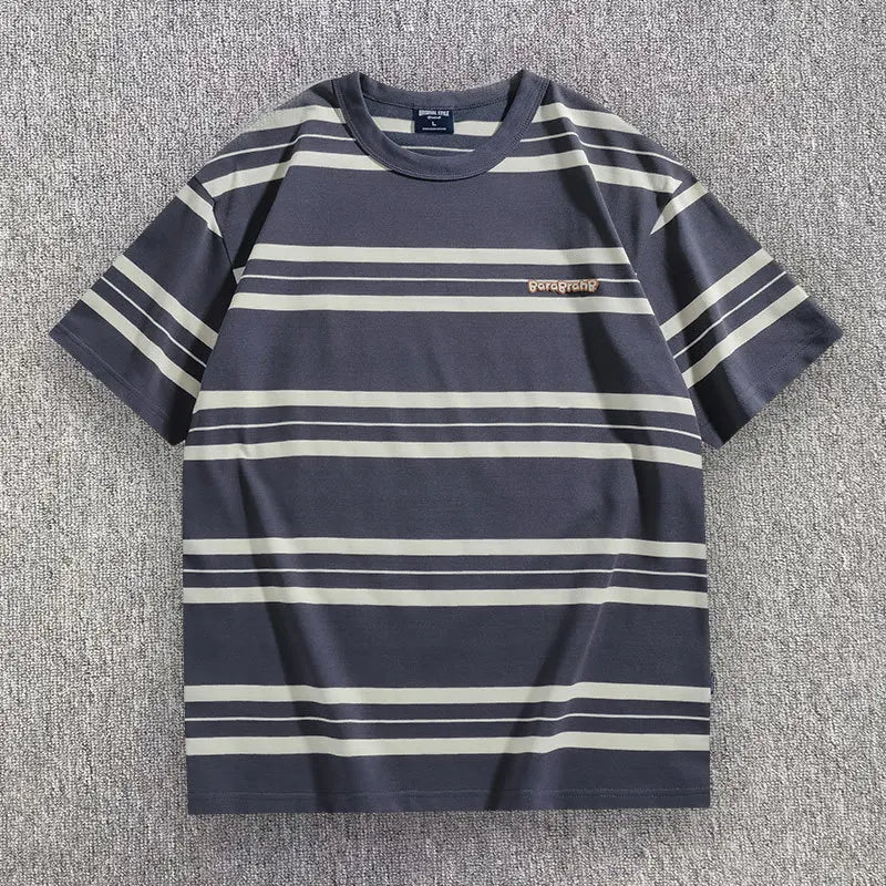 Wiaofellas  -  Men's Striped Short Sleeved T-shirt Japanese Retro Style Summer Round Neck Tshirt Streetwear Casual Loose Stripe Tops Tee