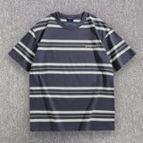 Wiaofellas  -  Men's Striped Short Sleeved T-shirt Japanese Retro Style Summer Round Neck Tshirt Streetwear Casual Loose Stripe Tops Tee