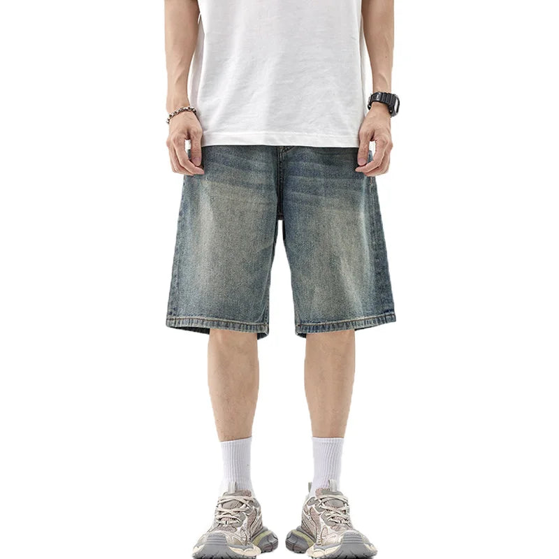 Wiaofellas  -  Men's Vintage Washed Denim Shorts Summer Wide Leg Five Casual Straight Leg Pants