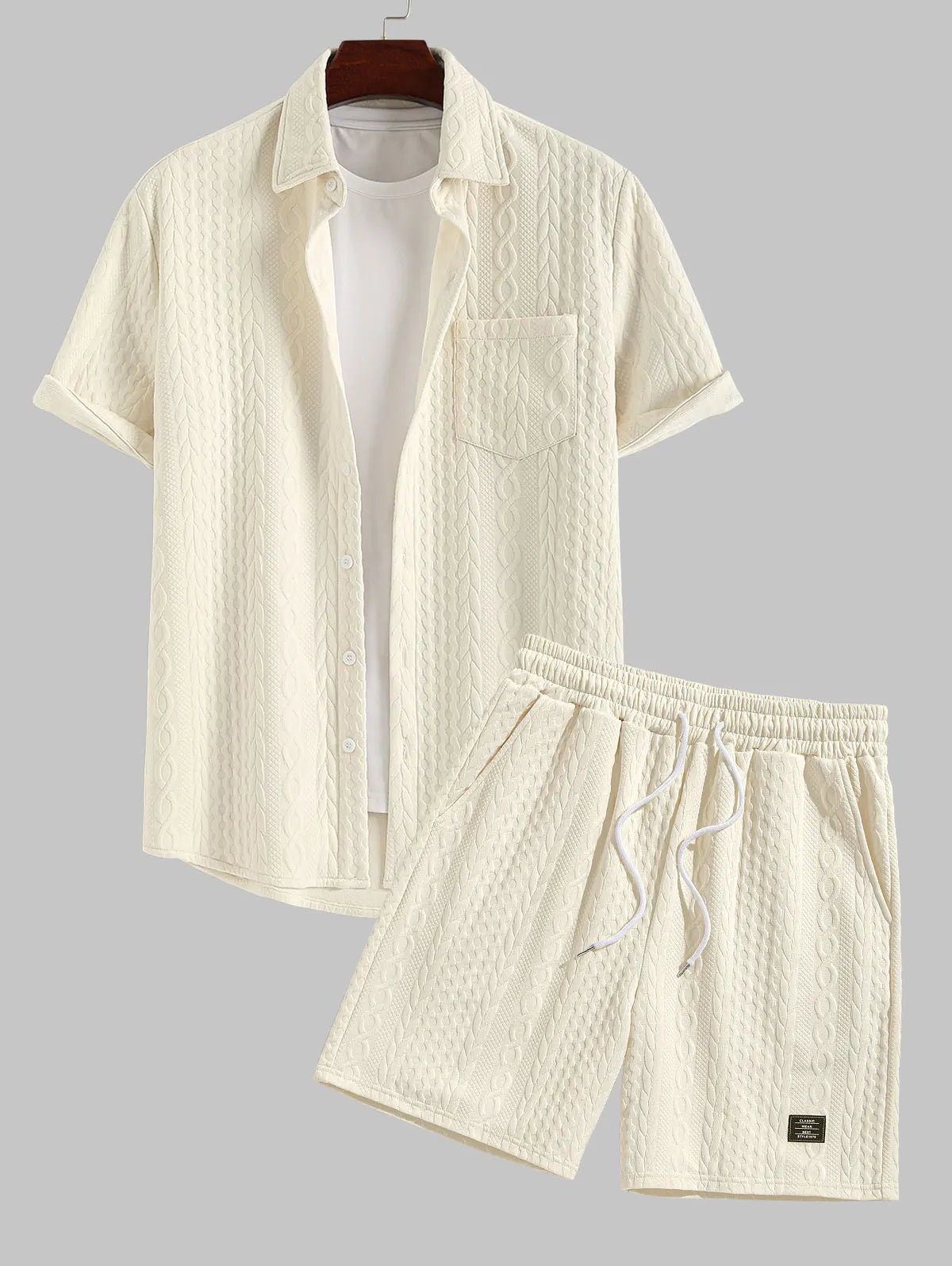 Wiaofellas   -  New Men's Two Pieces Outfits Button Up Front Pocket Jacquard Textured Short Sleeves Shirt And Pockets Drawstring Shorts Set