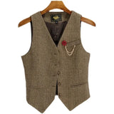 Wiaofellas  -  New Vest Brown V Neck Herringbone Tweed Jacket Vintage For Wedding Groom Banquet Work Set Waistcoat