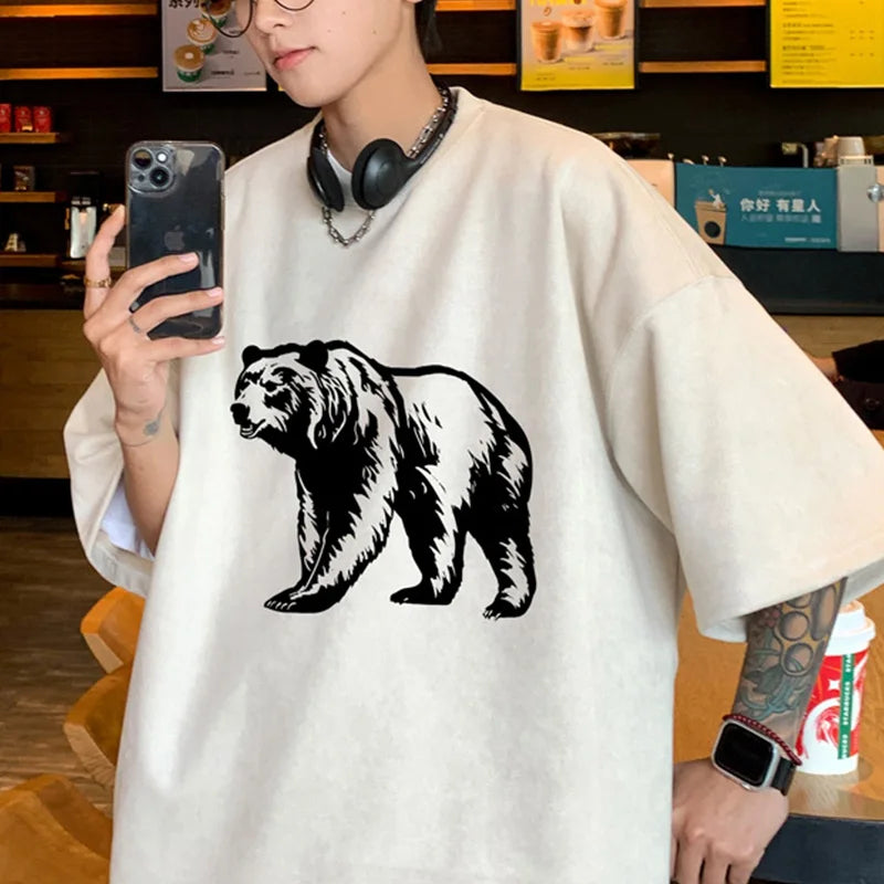 Wiaofellas  -   Oversized T-shirt Men Fashion Bear Print Retro T Shirt Men Korean Streetwear Summer Loose Short Sleeved T-shirt Mens Tops