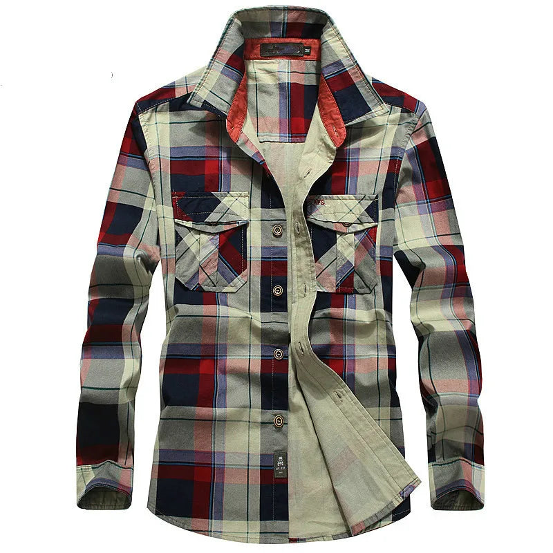 Wiaofellas   -  Plaid Shirt Men 100% Cotton Spring Summer Autumn Long Sleeve Denim Pockets Mens Shirts Camisetas hombre Plus Size 4XL