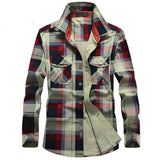 Wiaofellas   -  Plaid Shirt Men 100% Cotton Spring Summer Autumn Long Sleeve Denim Pockets Mens Shirts Camisetas hombre Plus Size 4XL