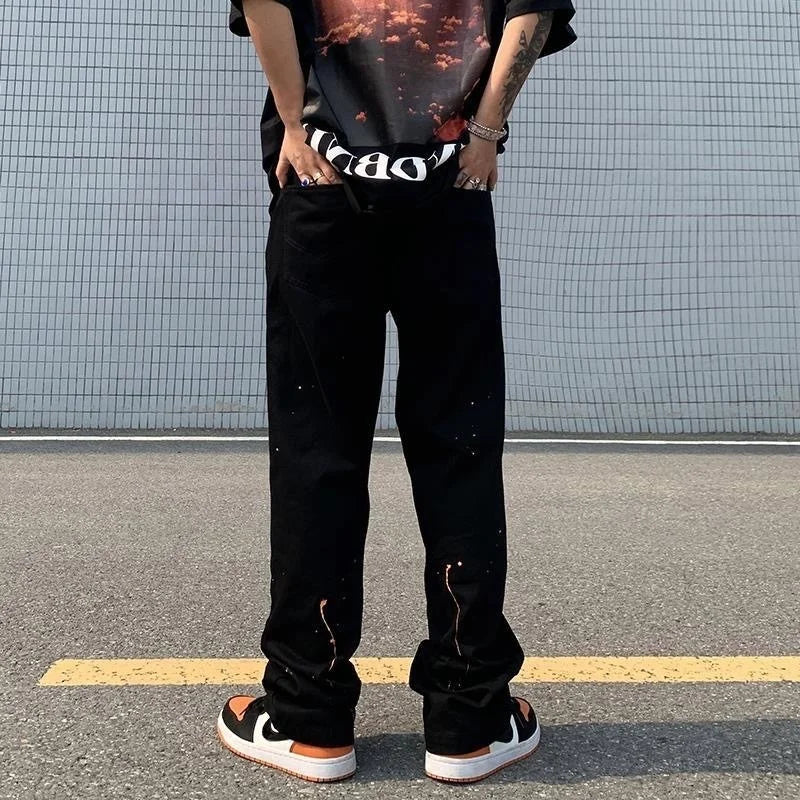 Wiaofellas  -  Spring and Autumn High Street Jeans Splashed Ink Jeans Men's Straight Pants Loose Casual Pants Men Fashion  Punk Pants