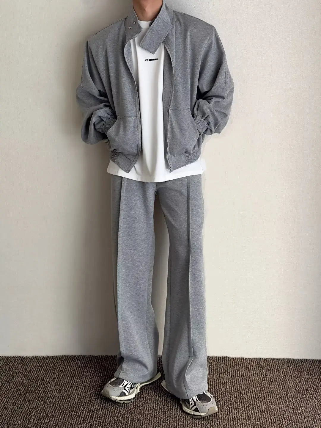 Wiaofellas -  Stand Collar Sweatshirt Set Men Sports Cardigan Jacket and Jogging Wide Leg Pants Loose Sports 2-piece Sets Unisex Tracksuits