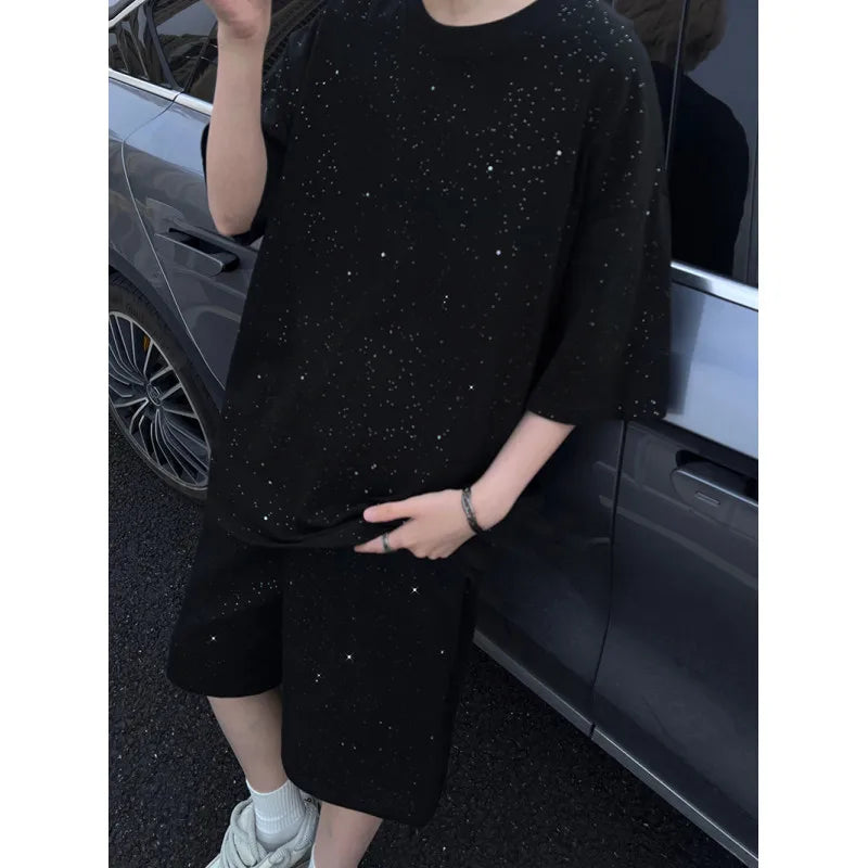 Wiaofellas  -  Summer Cotton Short Sleeved T-shirt Men Fashion Casual Shiny T Shirt Men Streetwear Hip-hop Loose Round Neck T Shirt Mens Top