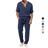 Wiaofellas  -  Summer New Men's Solid Color Casual T-shirt Short Sleeve Shirt Elastic Waist Loose Pants Suit