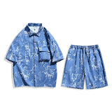 Wiaofellas  -  Summer New Seersucker Short Sleeve Shirt + Shorts Set Men's Large Size Five-point Sleeve Shirt Points