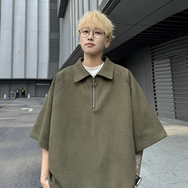 Wiaofellas  -  Summer Short Sleeved T-shirt Men Oversized Casual Lapel T Shirt Men Streetwear Korean Loose Suede T Shirt Mens Polo Shirt M-3XL