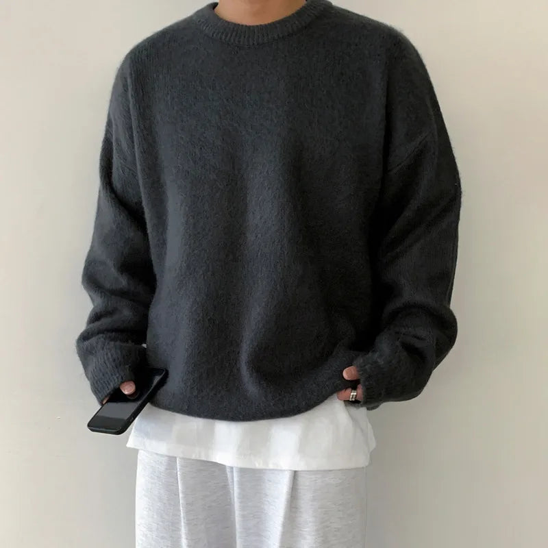 Wiaofellas  -   Winter Round Collar Mohair Solid Color Sweater Loose Korean Style Vintage Kintted Sweater Pullover Men Clothing
