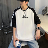 Wiaofellas  -  Y2k Men Summer Fashion T-shirt Vintage Letter Print Contrast Color Patchwork Short Sleeve Pullover Youth Loose Casual Tops Tees