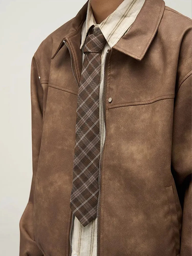 Wiaofellas  -   fall outfits Retro Leather Jacket Men's Spring Autumn New Casual Oversize Loose Fashion Simple Versatile Solid Lapel Zipper Pocket Coat