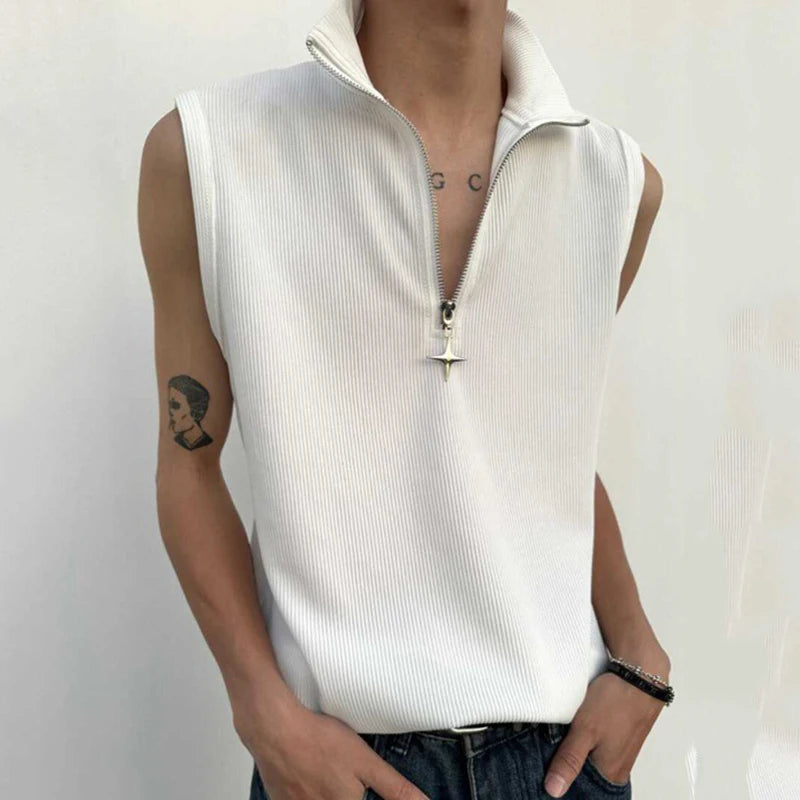 Wiaofellas  -  fall outfits Summer Darkwear Niche Design Trendy Zipper Shoulder Padded Vest Sleeveless Solid Color Sleeveless Male Tops