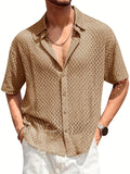 WIAOFELLAS  -  Men'S Button Shirt Knit Crochet Hollow Out Short Sleeve Sweater Casual Summer Tops