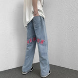 Wiaofellas Fashion Men's and Women's Hip Hop Y2k Jeans Red Printed Letter Jeans Men Loose Blue and White Jeans Wide Leg Denim Pants