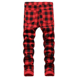 Wiaofellas Korean Fashion Red Plaid Hip Hop Men Stretch Slim Jeans Pants Y2K Clothes Casual Women Pencil Long Trousers Pantalon Homme