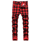 Wiaofellas Korean Fashion Red Plaid Hip Hop Men Stretch Slim Jeans Pants Y2K Clothes Casual Women Pencil Long Trousers Pantalon Homme