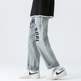 Wiaofellas New Fashion Letter Print Hip Hop Men Straight Drawstring Jeans Trousers Elastic Waist Baggy Denim Wide Pants Pantalon Homme