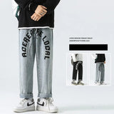 Wiaofellas New Fashion Letter Print Hip Hop Men Straight Drawstring Jeans Trousers Elastic Waist Baggy Denim Wide Pants Pantalon Homme