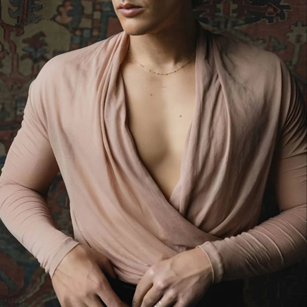 Wiaofellas Autumn New Mens Sexy Deep-V Nightclub Dancing Party Tops Solid Color Slim Fit Unisex Home Casual Long Sleeve Tops