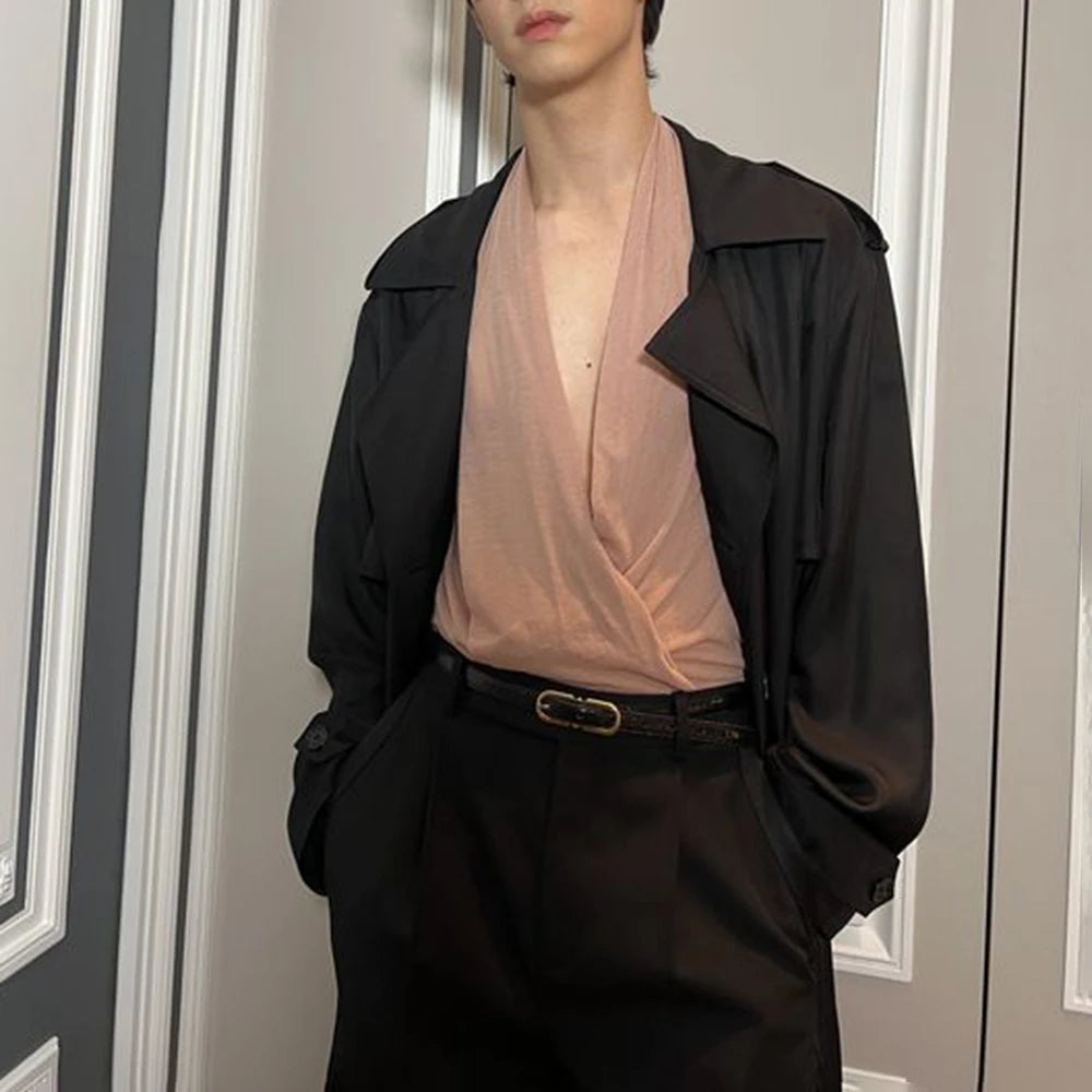 Wiaofellas Autumn New Mens Sexy Deep-V Nightclub Dancing Party Tops Solid Color Slim Fit Unisex Home Casual Long Sleeve Tops