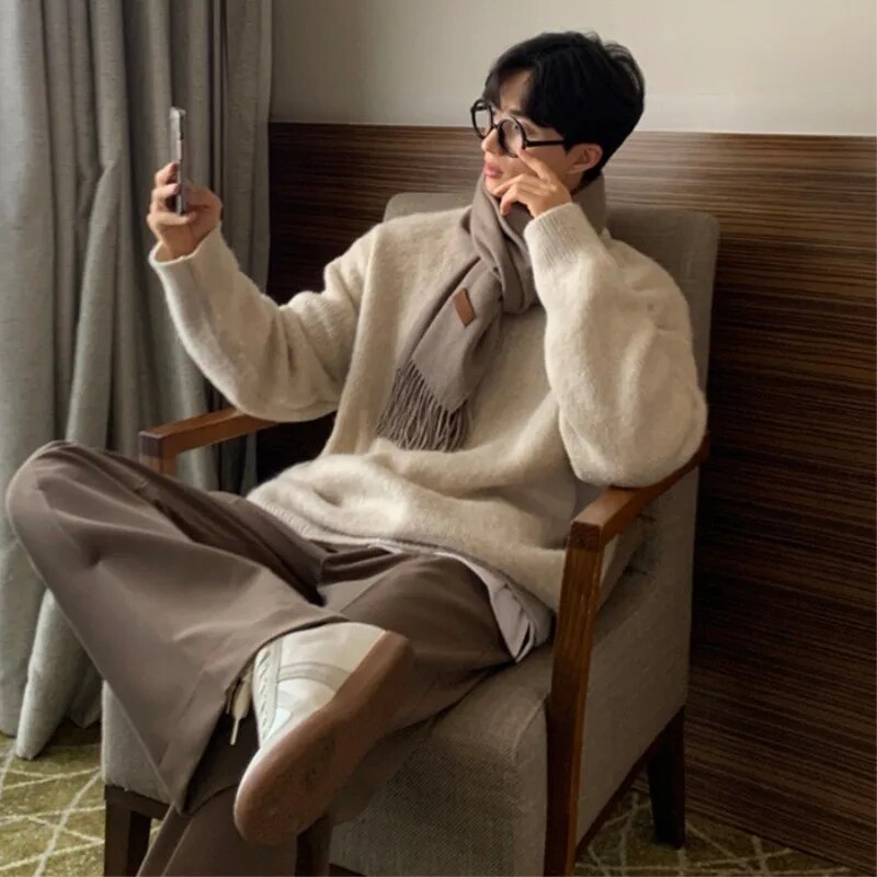 Wiaofellas Knitted Light Luxury Pullovers Sweater Men Casual Vintage Loose O Neck Solid Color Long Sleeve Thicken Coat Streetwear