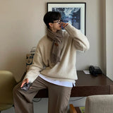 Wiaofellas Knitted Light Luxury Pullovers Sweater Men Casual Vintage Loose O Neck Solid Color Long Sleeve Thicken Coat Streetwear