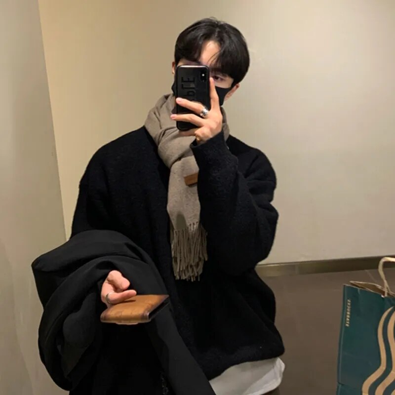 Wiaofellas Knitted Light Luxury Pullovers Sweater Men Casual Vintage Loose O Neck Solid Color Long Sleeve Thicken Coat Streetwear