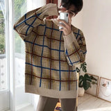 Wiaofellas Knitted Plaid Light Luxury Pullovers Sweater Men Casual Vintage O Neck Loose Long Sleeve T-shirt Streetwear Autumn