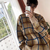 Wiaofellas Knitted Plaid Light Luxury Pullovers Sweater Men Casual Vintage O Neck Loose Long Sleeve T-shirt Streetwear Autumn