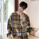 Wiaofellas Knitted Plaid Light Luxury Pullovers Sweater Men Casual Vintage O Neck Loose Long Sleeve T-shirt Streetwear Autumn