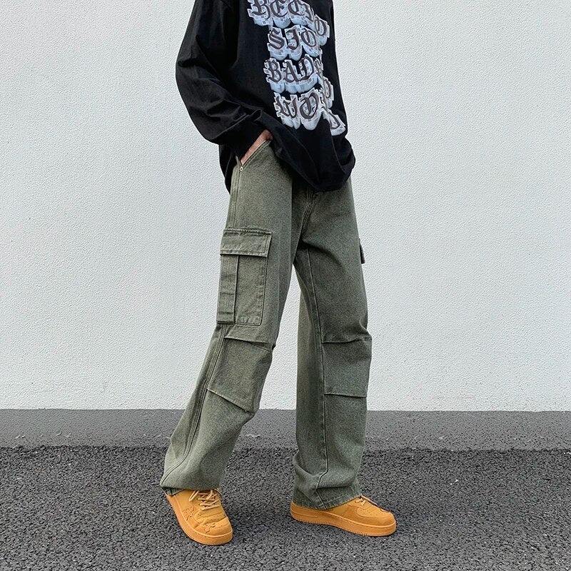 Wiaofellas Men Autumn Multiple pockets Simple Solid Straight Jeans Trousers High Street Vintage Work Stylish Male Denim Pants