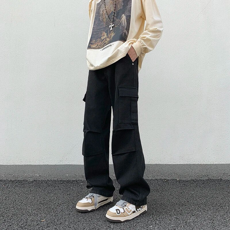 Wiaofellas Men Autumn Multiple pockets Simple Solid Straight Jeans Trousers High Street Vintage Work Stylish Male Denim Pants