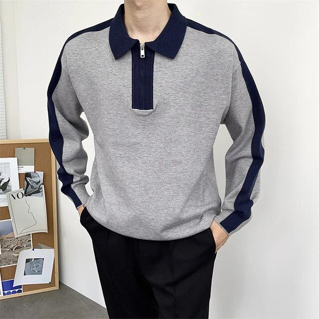 Wiaofellas Men's Clothing Luxury Knitted Polo Shirt Casual Fashion Patchwork Zipper Solid Color Long Sleeve Pullovers Leisure M-3XL