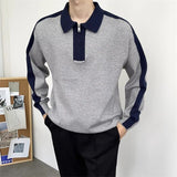 Wiaofellas Men's Clothing Luxury Knitted Polo Shirt Casual Fashion Patchwork Zipper Solid Color Long Sleeve Pullovers Leisure M-3XL