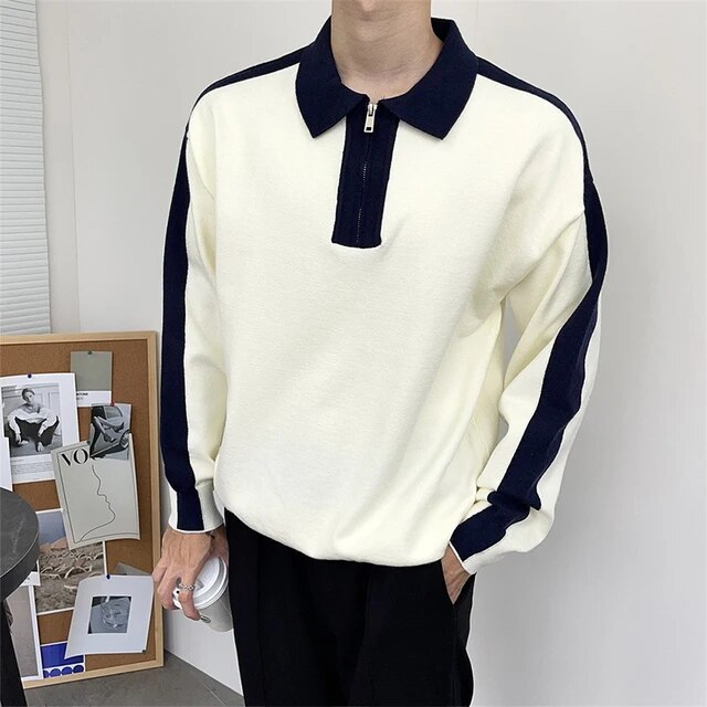 Wiaofellas Men's Clothing Luxury Knitted Polo Shirt Casual Fashion Patchwork Zipper Solid Color Long Sleeve Pullovers Leisure M-3XL