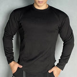 Wiaofellas Solid Round Neck Training Shirts Tee Fashion Man Breathable Solid Long Sleeve Pullover t Shirt Casual Sports Men Basic Tops