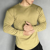 Wiaofellas Solid Round Neck Training Shirts Tee Fashion Man Breathable Solid Long Sleeve Pullover t Shirt Casual Sports Men Basic Tops